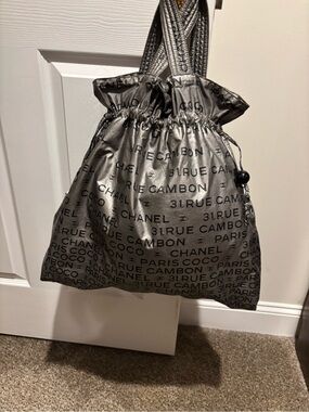 CHANEL Authentic Vintage Metallic Silver PVC Logo Tote